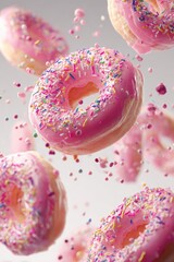 Pink donuts in motion,  sprinkled with colorful candies, in a light-filled studio shot