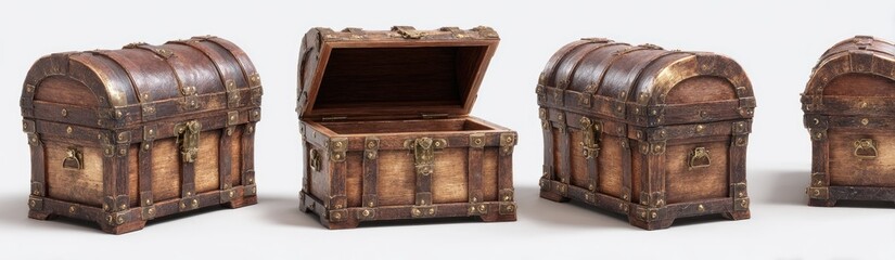 Four antique-style wooden chests, one with lid open