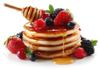 Stack of golden pancakes topped with fresh berries and honey drizzle (1)