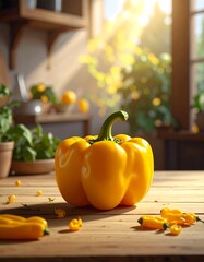 Yellow pepper on wooden table in a kitchen
