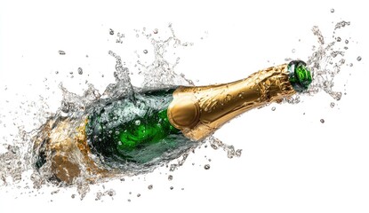 Sparkling Champagne bottle erupts in water splashes