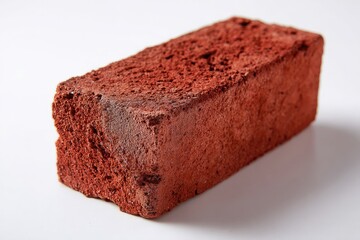 Close-up of a single red brick on a white surface.  It's rectangular and shows a rough, textured surface