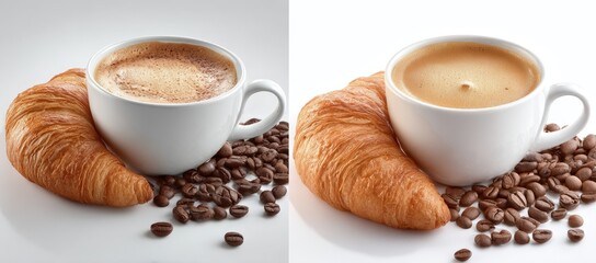 Two cups of coffee with croissants and coffee beans