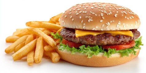 Cheeseburger and french fries on a white background
