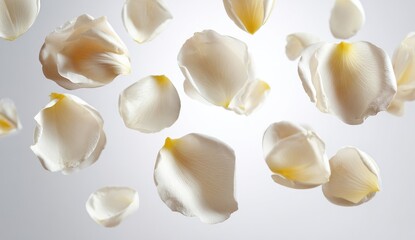 Delicate white rose petals floating in mid-air, soft lighting