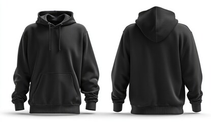 Front and back view of a dark gray hoodie.  Ribbed cuffs and hem.  Classic style.  Isolated on white