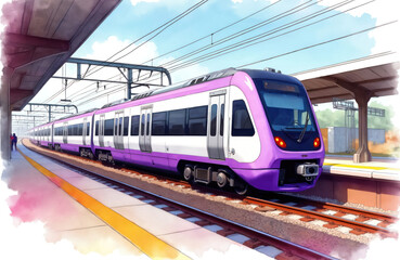 Fototapeta premium Vibrant watercolor illustration shows modern purple, white train at busy station platform. Commuters wait near colorful urban scenery. High-speed railway transport moves people through city