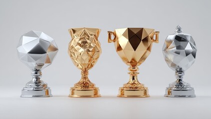Four geometric trophies, two silver and two gold, stand in a row against a plain background