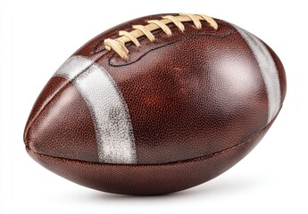 Close-up of a classic brown leather American football,  with visible stitching and white stripes