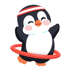Cartoon Penguin Exercising with Hula Hoop