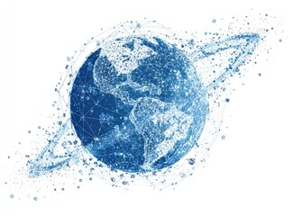 Abstract global network.  Blue Earth, polygonal mesh, swirling lines, and dots, radiating outward