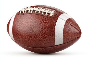 Close-up of a brown leather American football,  stitched seams, white stripes, isolated on white background