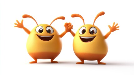 Obraz premium Two happy, cartoonish, orange creatures holding hands