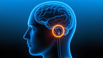 Side view of human head with transparent blue anatomical overlay, glowing orange-yellow brain region, circular highlight near ear, gradient dark to light blue background