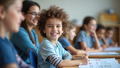 Diverse group of children, teacher in classroom setting, smiling, engaged in learning activities. Focus on individualized education plans IEPs, collaboration between educators, students, parents for