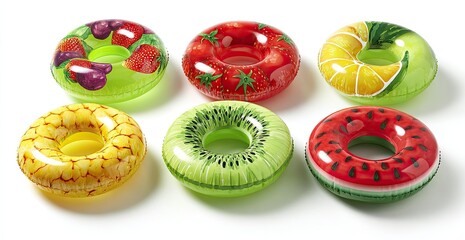 Six inflatable ring toys, depicting various fruits. Brightly colored, round, and buoyant. Perfect for pool or beach fun