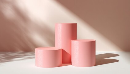 Three light pink cylindrical podiums against a pale peach background, illuminated by sunlight