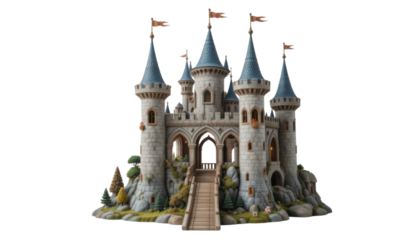 The historic gothic architecture of a medieval castle tower building on a white background evokes fairy tale travel in Europe, like a landmark in Budapest or Russia