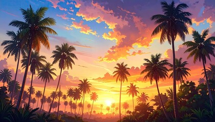 Naklejka premium Tropical Sunset Palm Trees Silhouettes with Vibrant Cloudy Sky Scenery in Pixel Art Style Exotic Landscape, Orange Yellow and Purple Tones Warm Light Nature Background