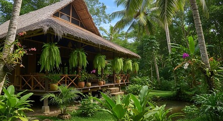 Tropical Wooden Hut in Lush Jungle Setting.