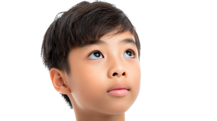 Portrait of a thoughtful young Asian boy looking up with hope