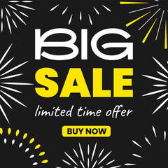 Square sale banner with special offer text, colorful discount on black background with flat stars, firework, up to 50% off promotion, modern shopping advertisement template. Vector EPS10
