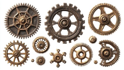 Assorted metal gears, various sizes and designs, arranged against a plain white background.? Gears are in copper-toned metal.  Some gears have visible metal rivets