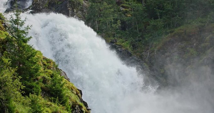 Latefossen Waterfall Close-Up, Norway, Slow Motion 240fps with Mist and Forest
