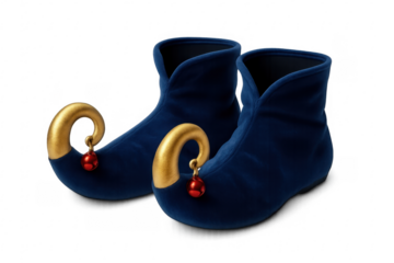 Blue jester shoes with gold details and red bells on transparent background