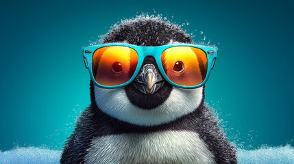 Penguin with turquoise sunglasses on aquamarine background, perfect for summer designs, travel blogs, children's products, and social media posts.