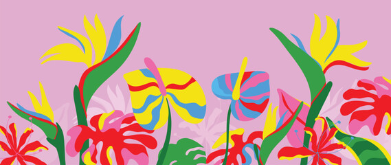 Abstract tropical plant background vector. Colorful boho foliage botanical tropical leaves and floral pattern. Illustration for summer sale banner , wall art, prints and fabrics.