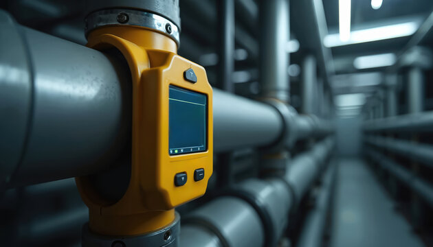 Yellow data logger monitors temperature, humidity on air duct engineering. Electronic device with digital display, sensor technology for industrial analysis, control, installation. Portable tool for
