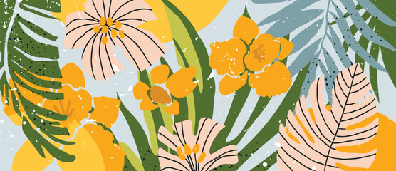 Fototapeta na wymiar Abstract tropical plant background vector. Colorful boho foliage botanical tropical leaves and floral pattern. Illustration for summer sale banner , wall art, prints and fabrics.