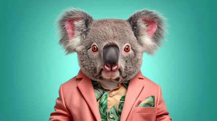 Koala head on humanoid body in pink suit quirky, humorous designs for children's books, social media, or fashion prints.