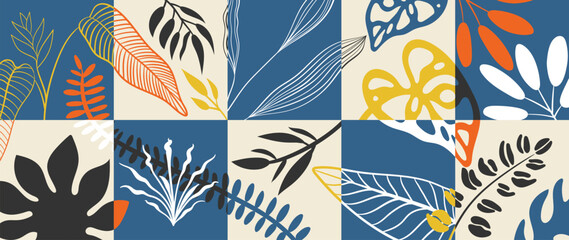 Abstract tropical plant background vector. Colorful boho foliage botanical tropical leaves and floral pattern. Illustration for summer sale banner , wall art, prints and fabrics. © TWINS DESIGN STUDIO