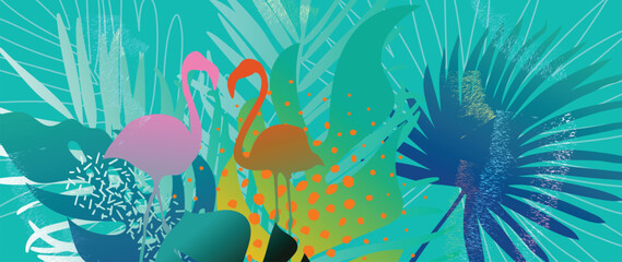 Abstract tropical plant background vector. Colorful boho foliage botanical tropical leaves, floral pattern and flamingo. Illustration for summer sale banner , wall art, prints and fabrics. © TWINS DESIGN STUDIO