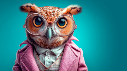 Owl in stylish glasses and pink coat against teal background. Suitable for book covers, educational materials, and children's designs.