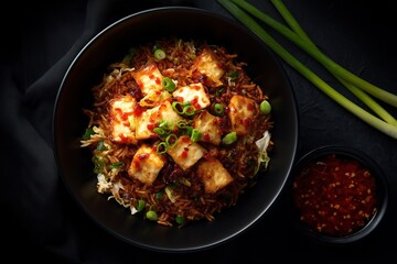 Indo-Chinese fried rice bowl with soy paneer and chili garlic sauce