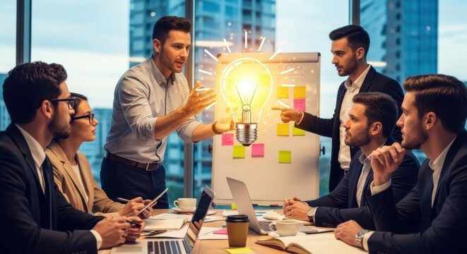 Creative collaborative brainstorm session results in a bright idea in the workplace