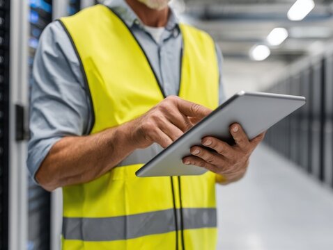 A technician in a safety vest operates a digital tablet in a server room, focusing on data management.