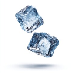 Obraz premium Two ice cubes, light blue, appear to float against a pure white background. They are square, and have a slightly textured, crystalline appearance. Shadows suggest a slight angle