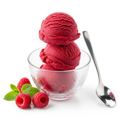 Raspberry Sorbet Scoop, Vegan Frozen Dessert in Bowl Isolated on White

