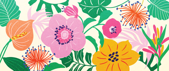 Abstract tropical plant background vector. Colorful boho foliage botanical tropical leaves and floral pattern. Illustration for summer sale banner , wall art, prints and fabrics. © TWINS DESIGN STUDIO