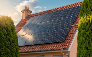 Modern solar panels installed on a residential house rooftop for sustainable energy generation illustration