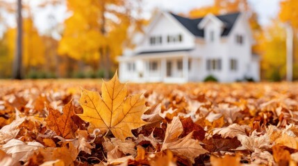 A picturesque autumn scene with vibrant golden and orange fallen leaves covering the ground, featuring a blurred white house and colorful trees in the background.