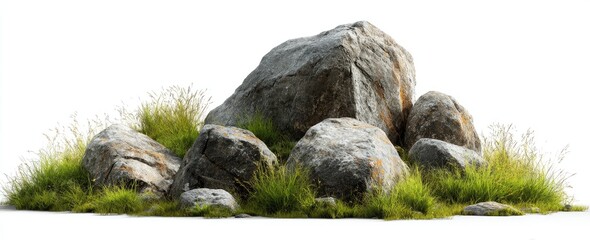 A cluster of gray rocks with green grass nestled at the base