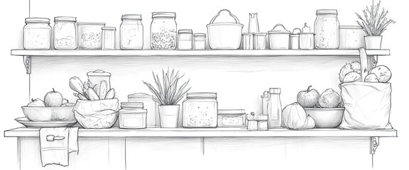 Minimalistic Kitchen Shelf Sketch with Jars, Fruits, Vegetables, and Kitchenware in Soft Lines and Monochrome Presentation