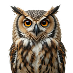 Fototapeta premium Great horned owl stands isolated on a white background, a majestic bird of prey with intense brown eyes, embodying wildlife and nature
