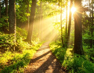 Sunbeams illuminating a forest path