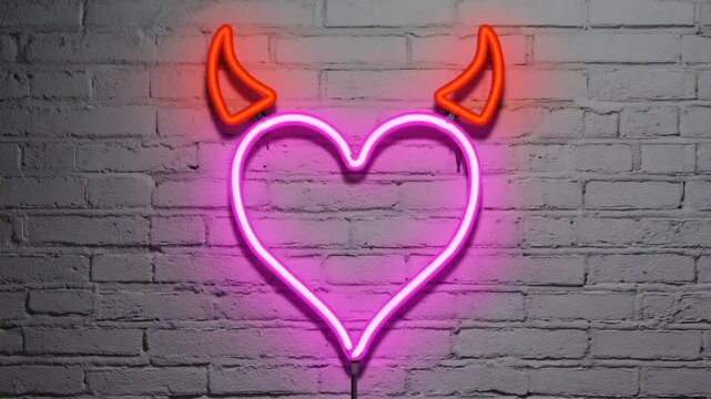 Pink Neon Devil Heart with Horns on Brick Wall Rebellious Love Sign for Nightlife Decor